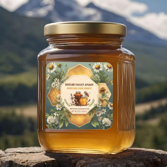 Floral Honey Jar Custom Label Quadratischer Aufkleber (Von Creator hochgeladen)