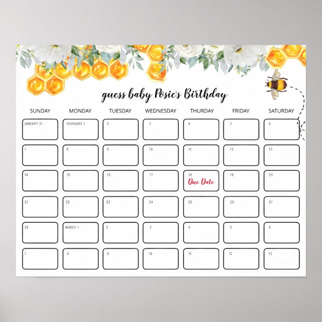 Floral Honeycomb | Baby Shooter Birthday Guessing Poster (Vorne)
