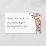 Floral Honeymoon Wish Begleitkarte<br><div class="desc">Unsere Flitterwochen-Wish Enclosure Card ist der perfekte Weg, um Ihre freudige Veranstaltung zu teilen! Diese einzigartige und skurrile Zimmerkarte besticht durch atemberaubende, rustikale, handbemalte Aquarellblumen in dunkelblau, hellrosa, rot, goldgelb, leuchtend grün und mit blauen Blätter, die sich perfekt für Hochzeiten im Frühjahr und im Sommer mit Gartenthemen eignen. Romantisch und...</div>