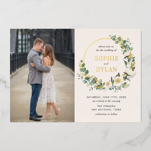 Floral Hoop FOIL Foto Hochzeit Einladung (Vorderseite)