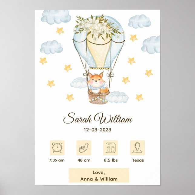 Floral Hot Air Ballon Baby Fox Geburtsstunde Poster (Vorne)