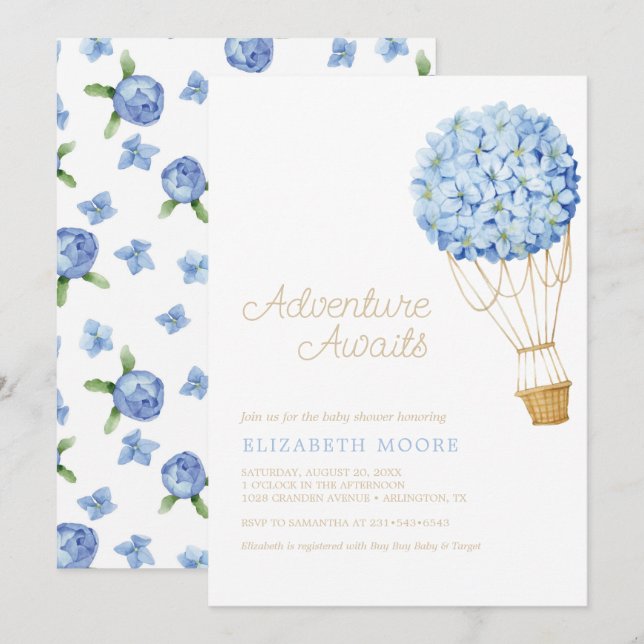 Floral Hot Air Ballon Babydusche | Einladung (Vorne/Hinten)