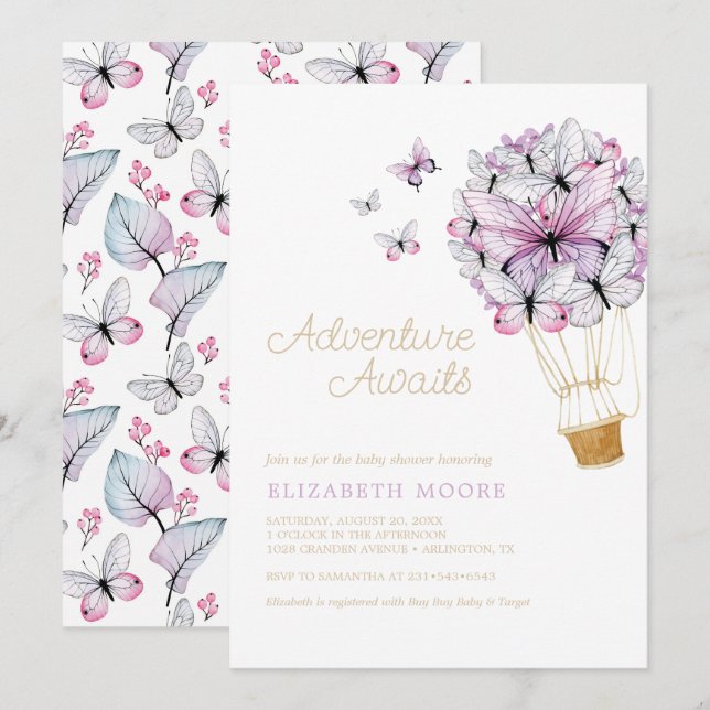 Floral Hot Air Ballon Butterfly | Einladung (Vorne/Hinten)