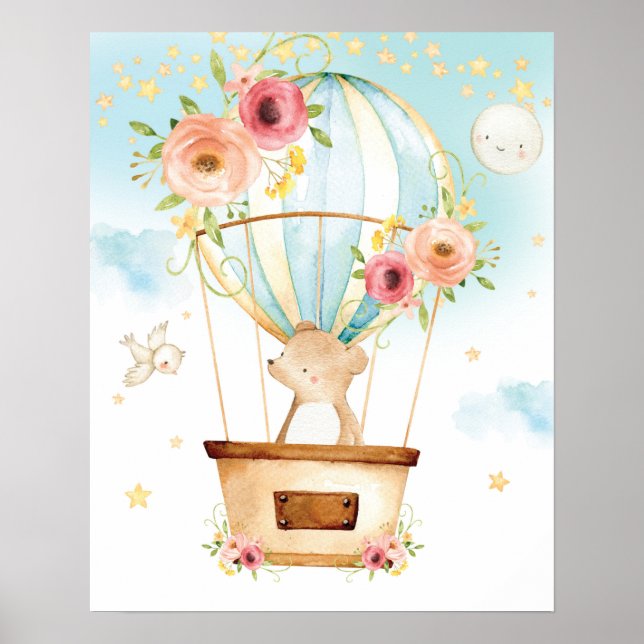 Floral Hot Air Ballon Niedliches Bärenerlebnis erw Poster (Vorne)