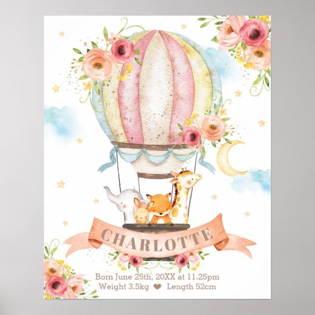Floral Hot Air Ballon Tiere Mädchen Geburtsstunde  Poster (Vorne)
