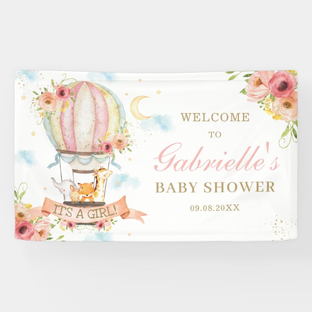 Floral Hot Air Ballon Tiere Willkommen Hintergrund Banner (Horizontal)