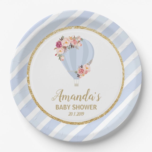 Floral Hot Air Balloon Baby Shower Blue Boy Pappteller (Vorderseite)