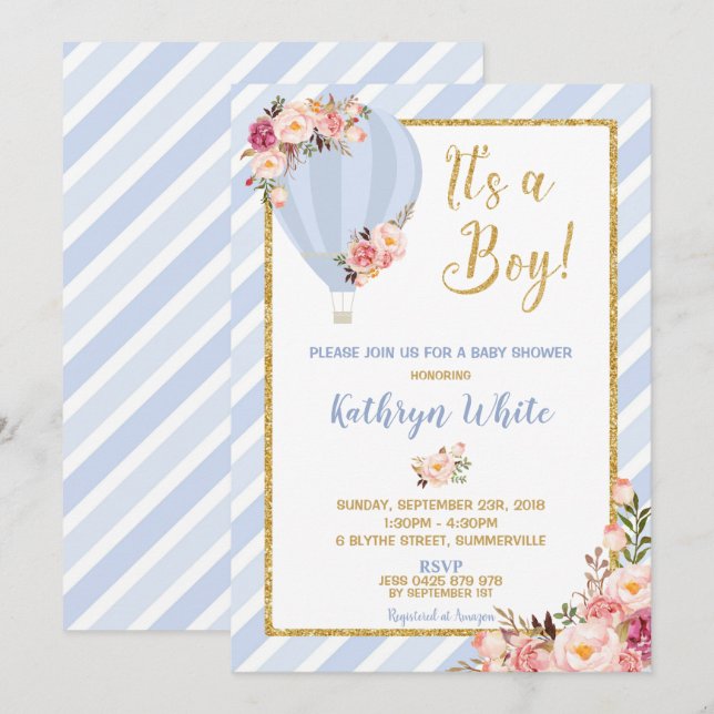 Floral Hot Air Balloon Baby shower Invitation Garç (Devant / Derrière)