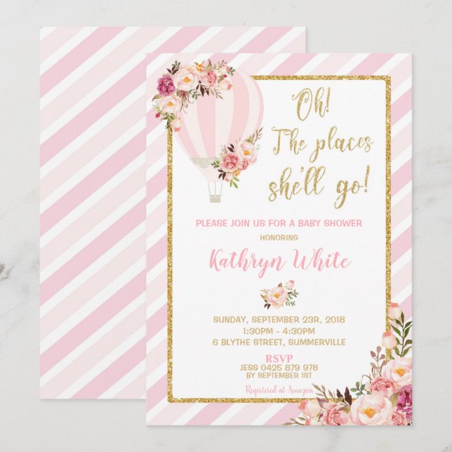Floral Hot Air Balloon Baby shower Invitation Girl (Devant / Derrière)