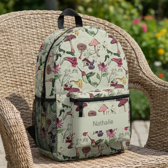 Floral Hummingbird Sage Green Nature Bedruckter Rucksack (Sage Green Floral Hummingbird Pattern with Name. Cute Birds and Colorful Flowers Nature Bag for Her)