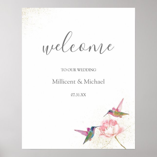 Floral Hummingbirds Gold Aquarellfarbe Willkommens Poster (Vorne)