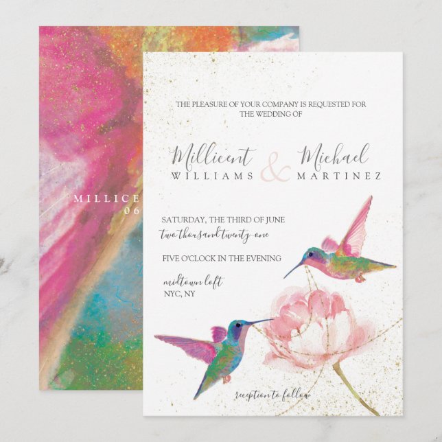 Floral Hummingbirds Gold Wasserfarbenhochzeit Einladung (Vorne/Hinten)