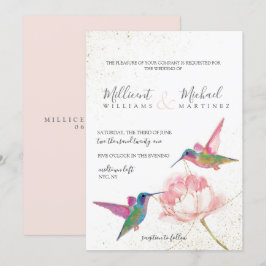 Floral Hummingbirds Pink Gold Wasserfarbenhochzeit Einladung