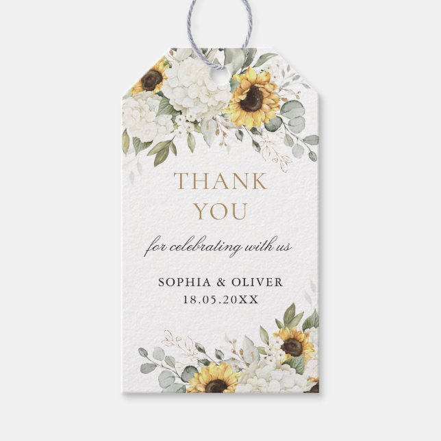Floral Hydrangea Sunflowers Hochzeit Vielen Dank Geschenkanhänger (Vorderseite)