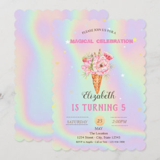 Floral Ice Creme Holographic Birthday Einladung