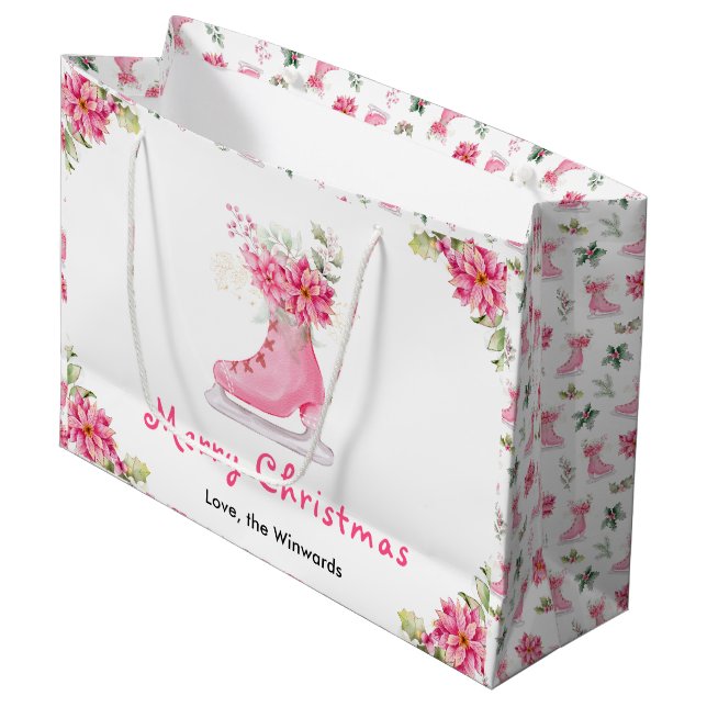 Floral Ice Skate Pink Merry Christmas Große Geschenktüte (Vorderseite Schrägansicht)
