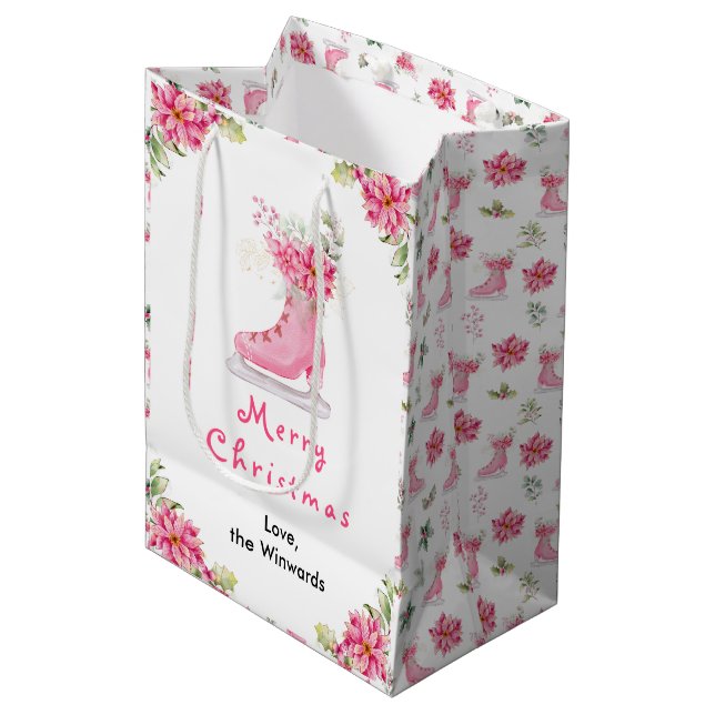Floral Ice Skate Pink Merry Christmas Mittlere Geschenktüte (Vorderseite Schrägansicht)