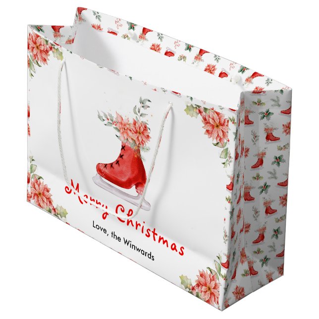 Floral Ice Skate Red Merry Christmas Große Geschenktüte (Vorderseite Schrägansicht)