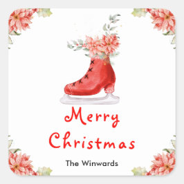 Floral Ice Skate Red Merry Christmas Quadratischer Aufkleber