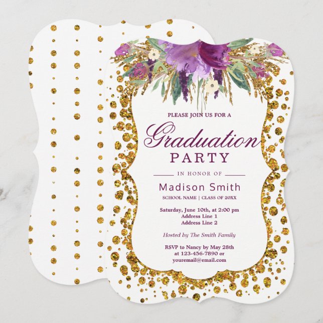 Floral Imitate Gold Glitzer Confetti Graduation Pa Einladung (Vorne/Hinten)