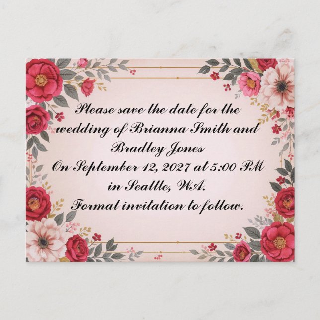 Floral in rosa Hochzeit Speichern Sie das Datum Einladungspostkarte (Vorderseite)