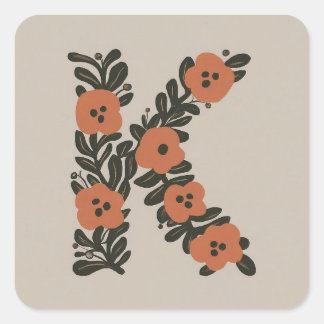 Floral Initial Wreath Monogramm K Quadratischer Aufkleber