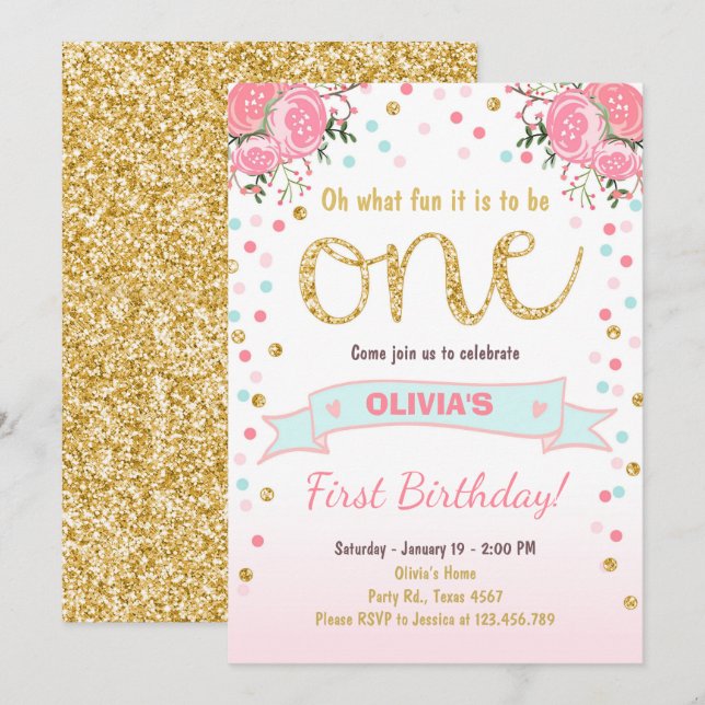 Floral invitation de premier anniversaire fille ro (Devant / Derrière)