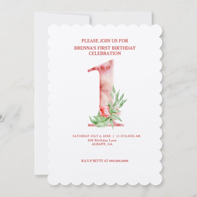 Floral Invitations de premier anniversaire - Aquar (Devant)