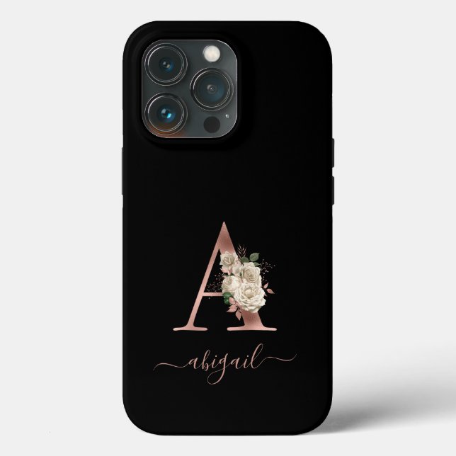 Floral Ivory Rose Gold Monogram Letter "A Black Case-Mate iPhone Hülle (Rückseite)