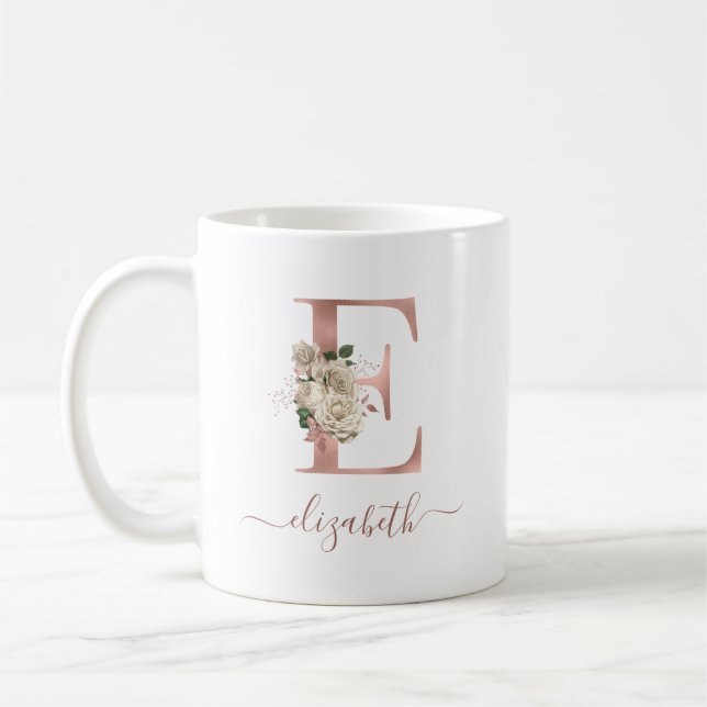 Floral Ivory Rose Gold Monogram Letter "E" Kaffeetasse (Links)
