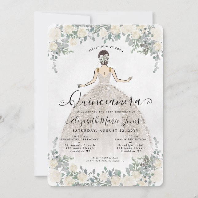 Floral Ivory White Princess Birthday Quinceanera Einladung (Vorderseite)