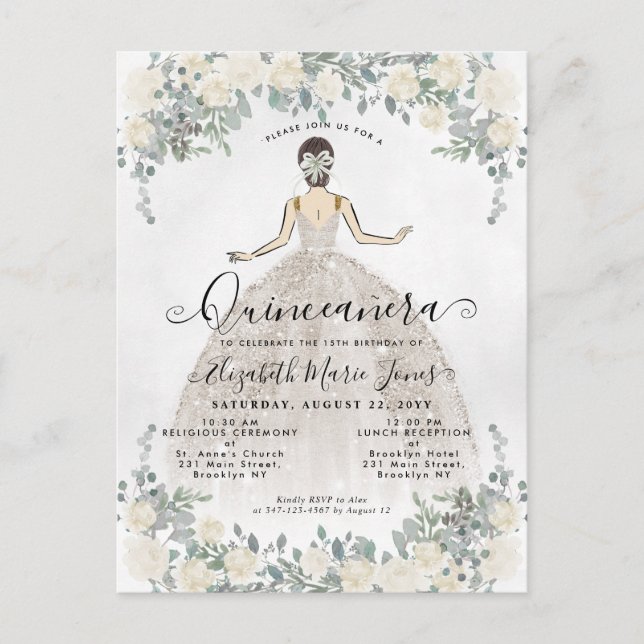 Floral Ivory White Princess Birthday Quinceanera I Einladungspostkarte (Vorderseite)
