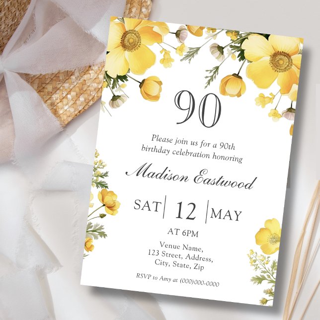 Floral jaune 90e anniversaire Invitation (Créateur téléchargé)