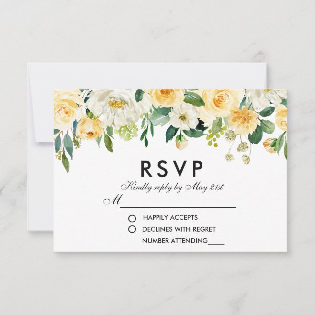 Floral Jaune Or Blanc Vert Mariage RSVP (Devant)