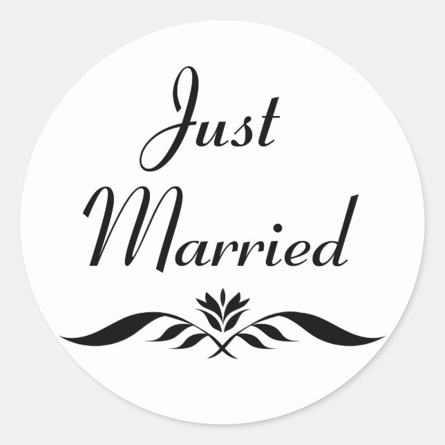 Floral Just Married Black, White Wedding Elegant Runder Aufkleber (Vorderseite)