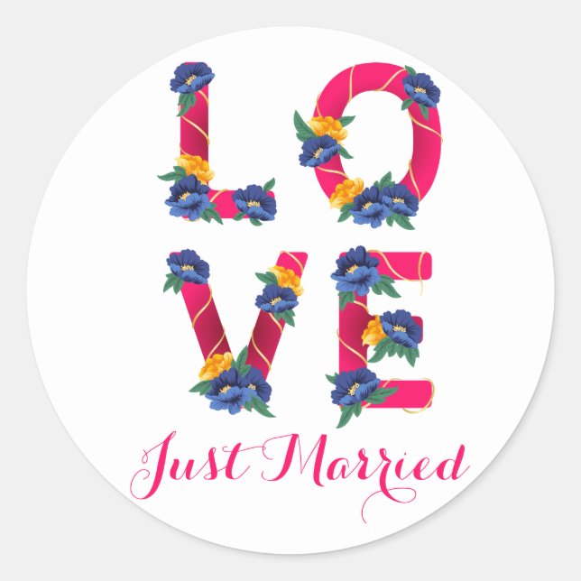 Floral Just Married Pink Liebe Blume Hochzeit Runder Aufkleber (Vorderseite)