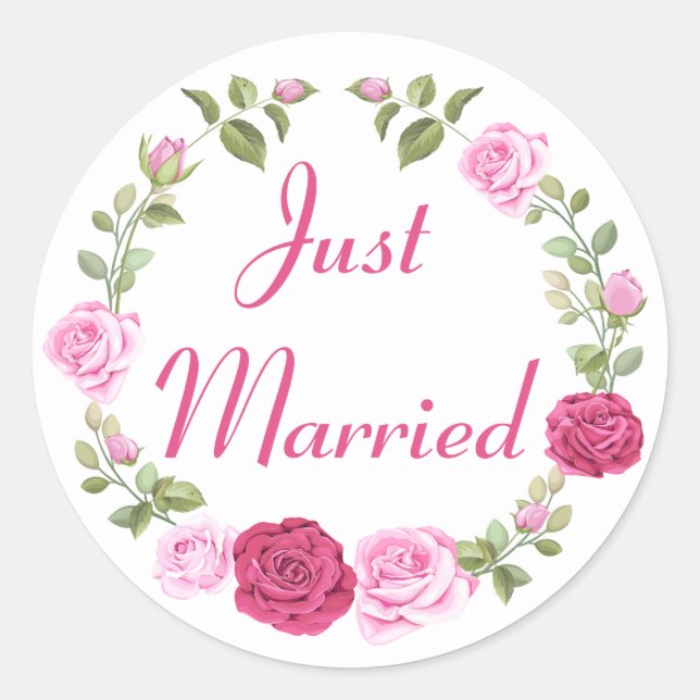 Floral Just Married Pink Rose Hochzeitsankündigung Runder Aufkleber (Vorderseite)