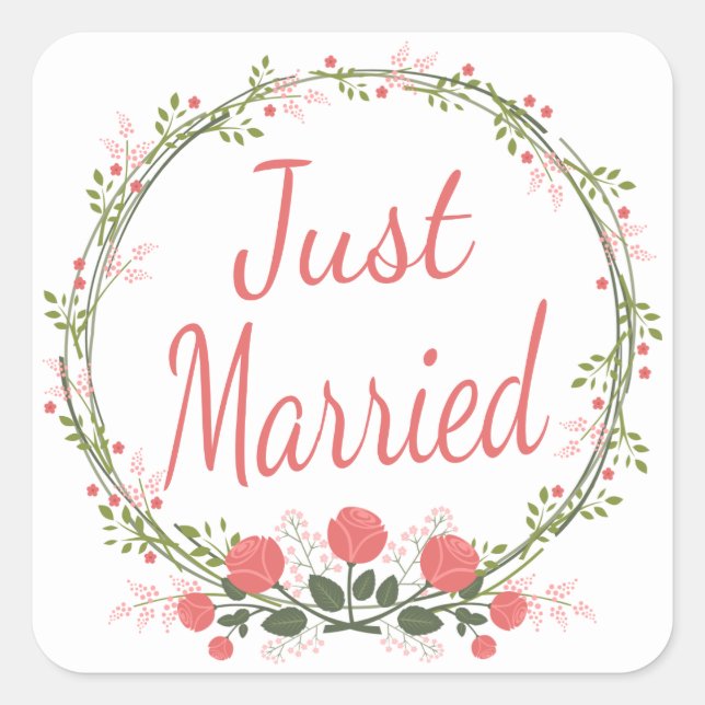 Floral Just Married Rose Rosa Blume Hochzeit Quadratischer Aufkleber (Vorderseite)