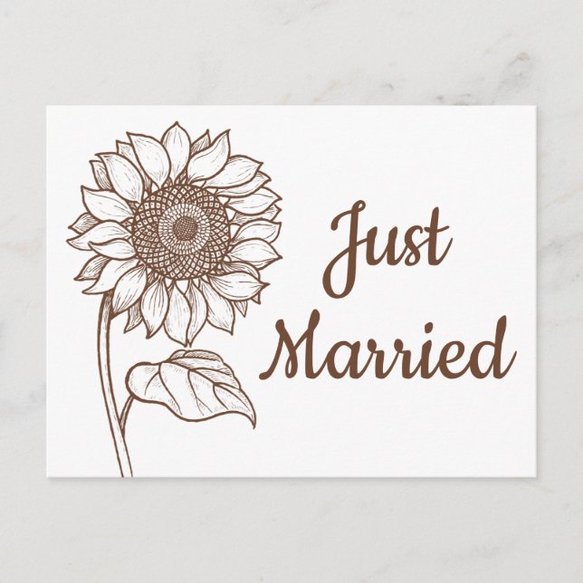 Floral Just Married Sunflower Brown Wedge Ankündigungspostkarte (Vorderseite)