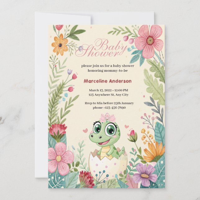 Floral kawaii Baby Alligator Bruteier - Mädchen Einladung (Vorderseite)