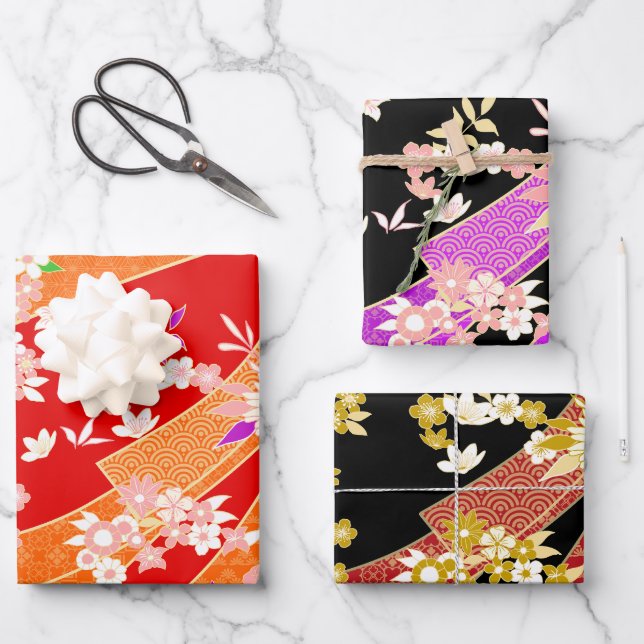 Floral Kimono Muster Geschenkpapier Set (Vorderseite)