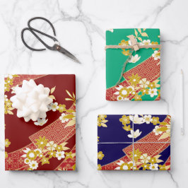 Floral Kimono Muster Red Golden Geschenkpapier Set