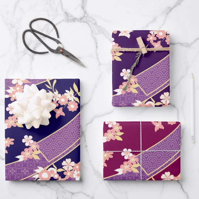 Floral Kimono Muster Violet Geschenkpapier Set (Vorderseite)
