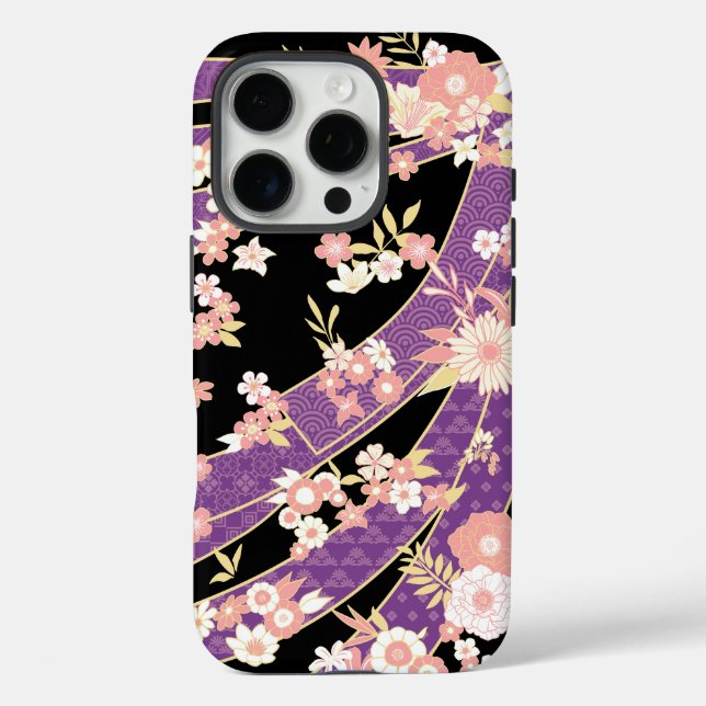 Floral Kimono Muster Violet iPhone 16 Pro Hülle (Rückseite)