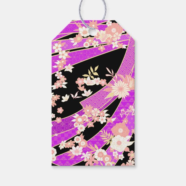 Floral Kimono Muster Violett Pink Geschenkanhänger (Vorderseite)