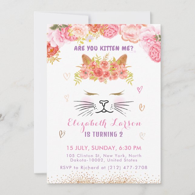 Floral Kitty Birthday Kids Niedlich Goldenes Party Einladung (Vorderseite)