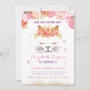 Floral Kitty Birthday Kids Niedlich Goldenes Party Einladung