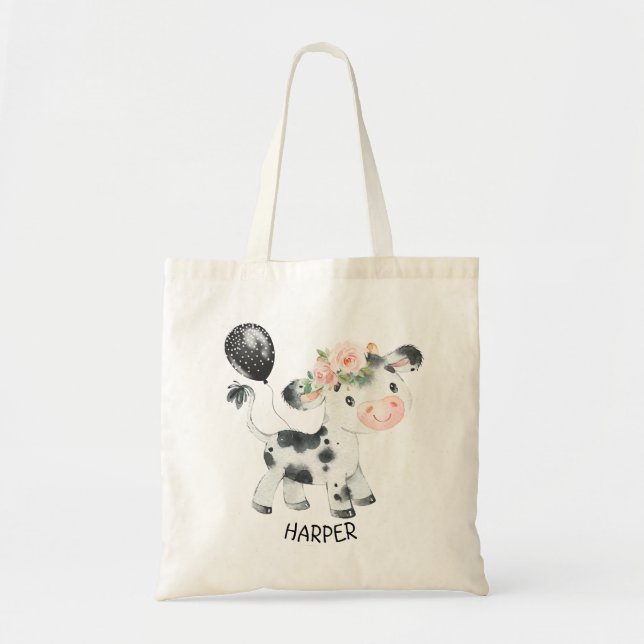Floral Kuh Ballon Personalisiert Totbeutel Tragetasche (Vorne)