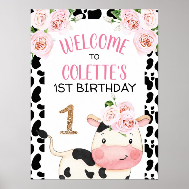 Floral Kuh Print Birthday Party Begrüßungsuntersch Poster (Vorne)