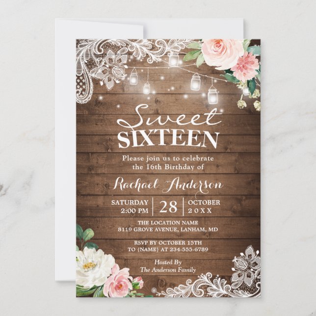 Floral Lace Mason Jar Lights Sweet 16 Birthday Einladung (Vorderseite)